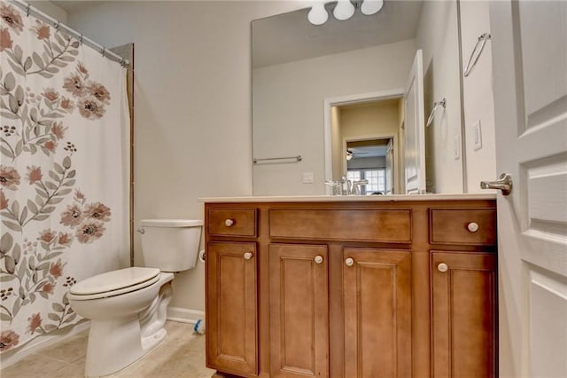 full bathroom with toilet, tile patterned floors, a shower with shower curtain, and vanity