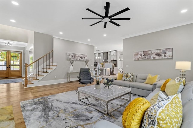 407 Estates View Dr, Acworth, GA 30101 - living room with stairway, ceiling fan, crown molding, wood finished floors, and recessed lighting