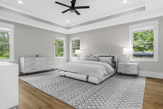 407 Estates View Dr, Acworth, GA 30101 - bedroom featuring a raised ceiling, ornamental molding, multiple windows, wood finished floors, and baseboards
