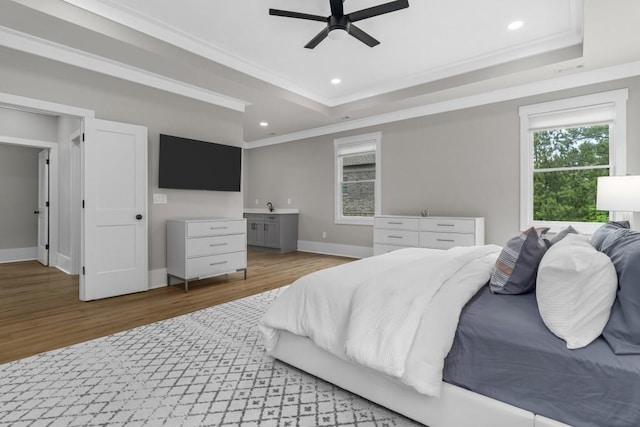 407 Estates View Dr, Acworth, GA 30101 - bedroom featuring a tray ceiling, wood finished floors, ornamental molding, recessed lighting, and baseboards