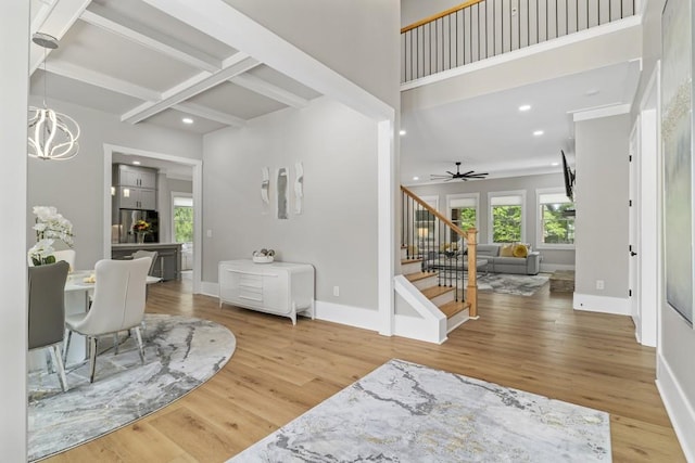 407 Estates View Dr, Acworth, GA 30101 - foyer entrance featuring stairway, wood finished floors, recessed lighting, baseboards, and beam ceiling