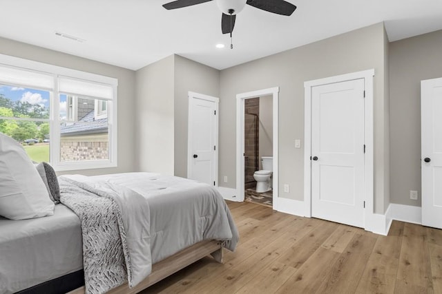 407 Estates View Dr, Acworth, GA 30101 - bedroom with light wood finished floors, ensuite bathroom, baseboards, a ceiling fan, and recessed lighting