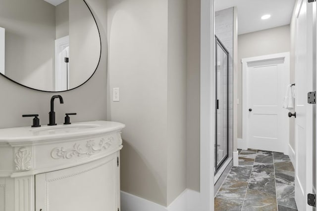 407 Estates View Dr, Acworth, GA 30101 - bathroom featuring a shower stall, vanity, marble finish floors, recessed lighting, and baseboards