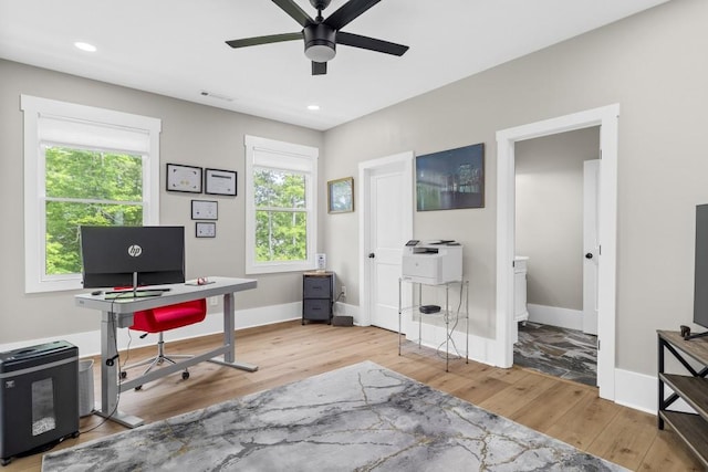 407 Estates View Dr, Acworth, GA 30101 - office area with ceiling fan, wood finished floors, baseboards, and recessed lighting