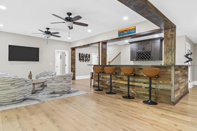 407 Estates View Dr, Acworth, GA 30101 - living area with a bar, recessed lighting, light wood-style floors, baseboards, and a ceiling fan