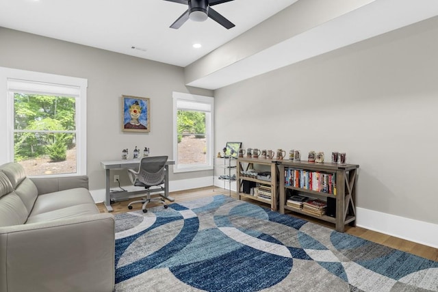 407 Estates View Dr, Acworth, GA 30101 - office area featuring baseboards, wood finished floors, ceiling fan, and recessed lighting