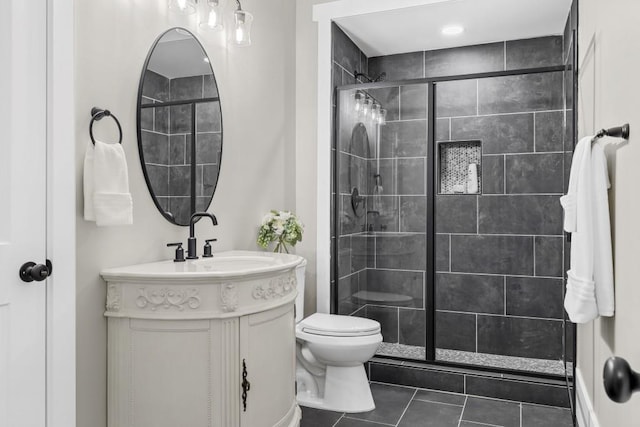 407 Estates View Dr, Acworth, GA 30101 - bathroom with a stall shower, toilet, vanity, and tile patterned flooring