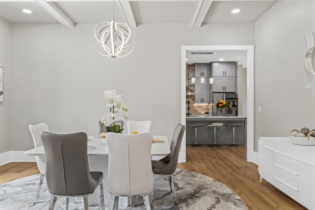 407 Estates View Dr, Acworth, GA 30101 - dining room with beamed ceiling, a chandelier, wood finished floors, recessed lighting, and baseboards