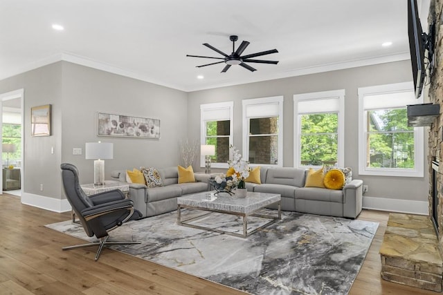 407 Estates View Dr, Acworth, GA 30101 - living area featuring ceiling fan, ornamental molding, wood finished floors, baseboards, and recessed lighting