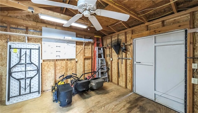 storage area featuring ceiling fan
