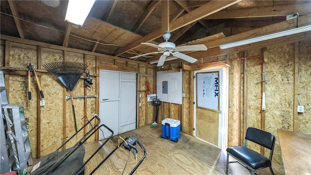 storage area featuring a ceiling fan