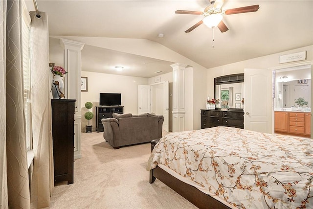 2294 Spicy Pine Ln, Lawrenceville, GA 30044 - bedroom with ornate columns, lofted ceiling, light colored carpet, and ceiling fan