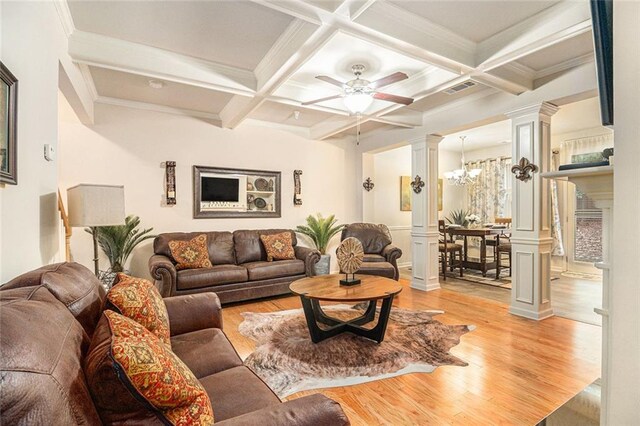 2294 Spicy Pine Ln, Lawrenceville, GA 30044 - living room featuring ornate columns, light wood finished floors, beamed ceiling, a ceiling fan, and coffered ceiling