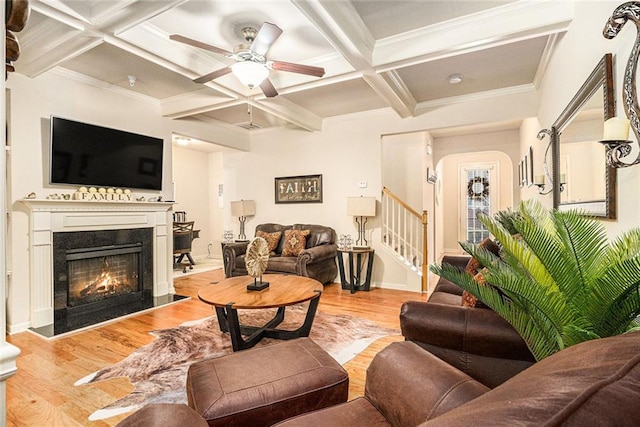 2294 Spicy Pine Ln, Lawrenceville, GA 30044 - living area featuring coffered ceiling, a ceiling fan, wood finished floors, beamed ceiling, and stairway