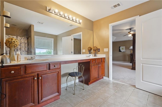 bathroom featuring ceiling fan, vanity, tile patterned flooring, and a shower with shower curtain