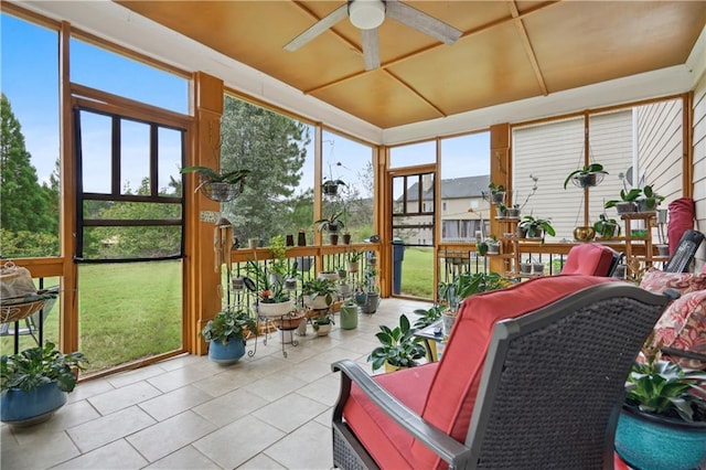 sunroom / solarium featuring ceiling fan