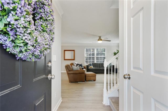 foyer entrance featuring a ceiling fan, baseboards, light wood-style floors, ornamental molding, and stairway