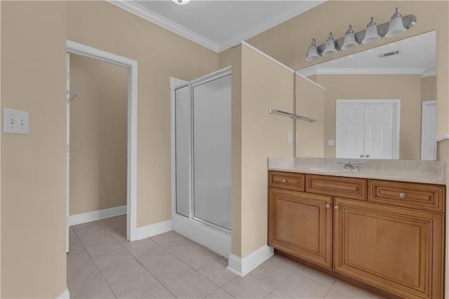 102 Plantation Dr, Lagrange, GA 30277 - full bath with crown molding, a shower stall, vanity, and tile patterned floors