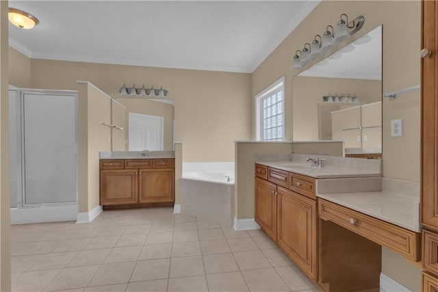 102 Plantation Dr, Lagrange, GA 30277 - full bathroom featuring ornamental molding, a garden tub, two vanities, tile patterned floors, and a shower stall