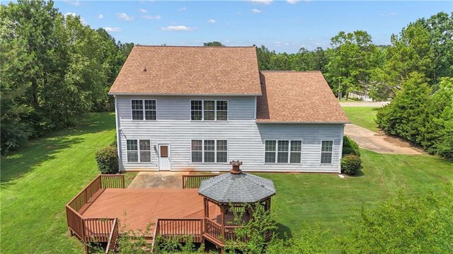 102 Plantation Dr, Lagrange, GA 30277 - back of property featuring a wooden deck, a lawn, a gazebo, and a shingled roof