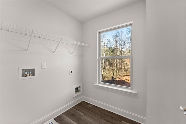 laundry room featuring baseboards, washer hookup, hookup for an electric dryer, laundry area, and dark wood-style floors