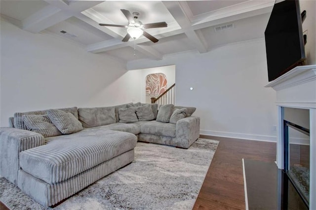 living room featuring ceiling fan, hardwood / wood-style floors, beamed ceiling, and coffered ceiling