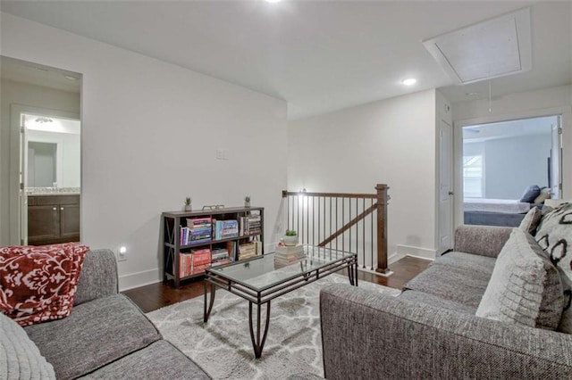 living room with dark wood-type flooring