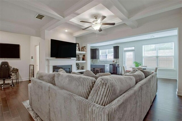 living room with ceiling fan, beamed ceiling, dark hardwood / wood-style floors, and coffered ceiling