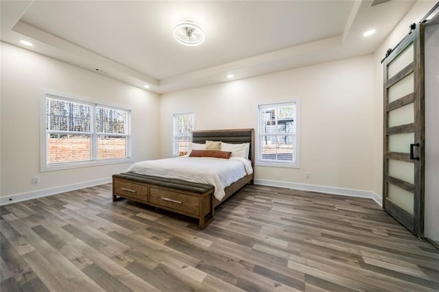 bedroom with multiple windows, a barn door, dark hardwood / wood-style floors, and a tray ceiling