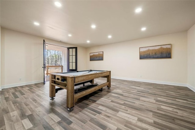 rec room with wood-type flooring and billiards