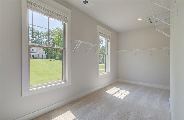 walk in closet featuring light carpet