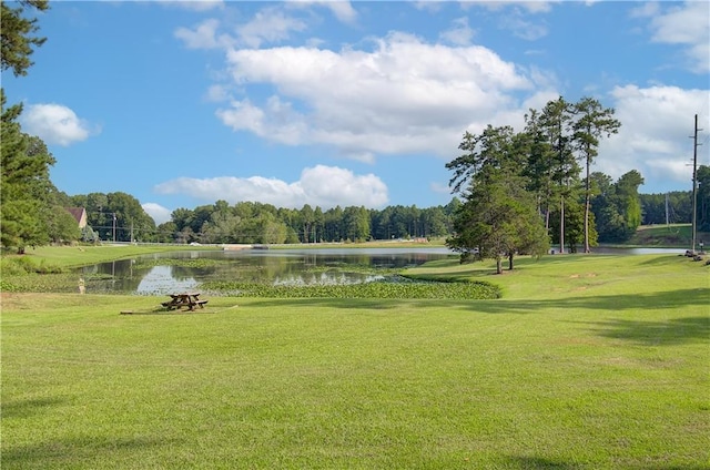 view of home's community with a water view and a yard