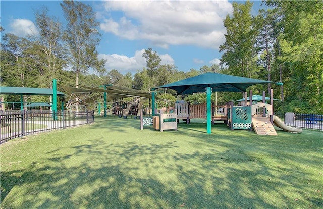 view of jungle gym featuring a yard