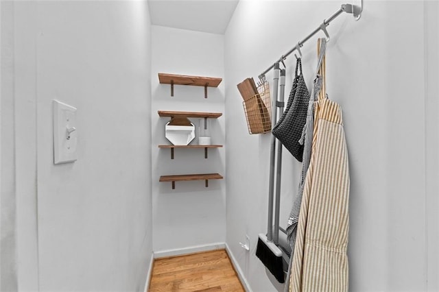 walk in closet with light wood finished floors