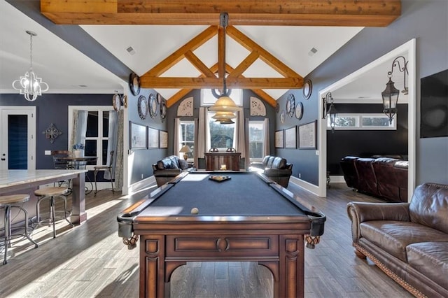 playroom with pool table, hardwood / wood-style floors, a chandelier, and lofted ceiling with beams