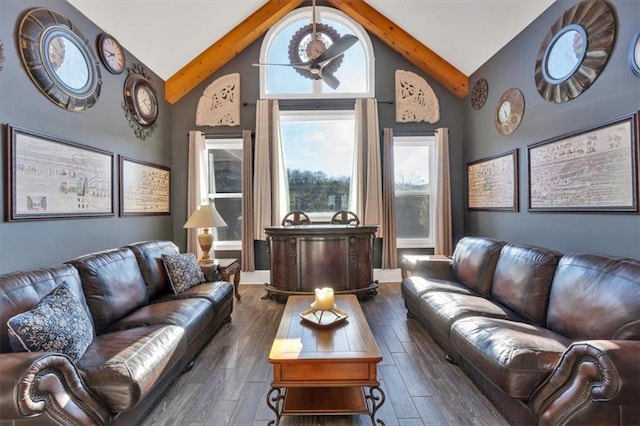 living room featuring beamed ceiling, high vaulted ceiling, and dark hardwood / wood-style floors