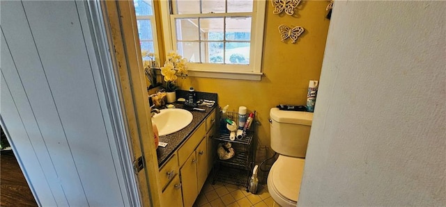 bathroom with tile patterned flooring, vanity, and toilet