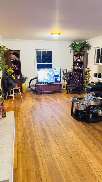 living room featuring light hardwood / wood-style flooring and ornamental molding