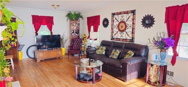 living room featuring plenty of natural light, wood-type flooring, and ornamental molding