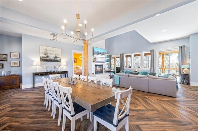 4115 Merritt Dr, Cumming, GA 30041 - dining room with a notable chandelier and dark parquet flooring
