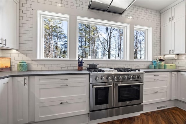 4115 Merritt Dr, Cumming, GA 30041 - kitchen with white cabinetry, double oven range, dark wood-type flooring, and decorative backsplash