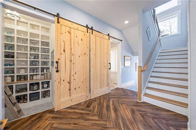 4115 Merritt Dr, Cumming, GA 30041 - interior space with dark parquet flooring and a barn door