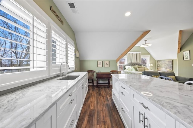4115 Merritt Dr, Cumming, GA 30041 - kitchen featuring sink, white cabinets, dark wood-type flooring, light stone counters, and a healthy amount of sunlight