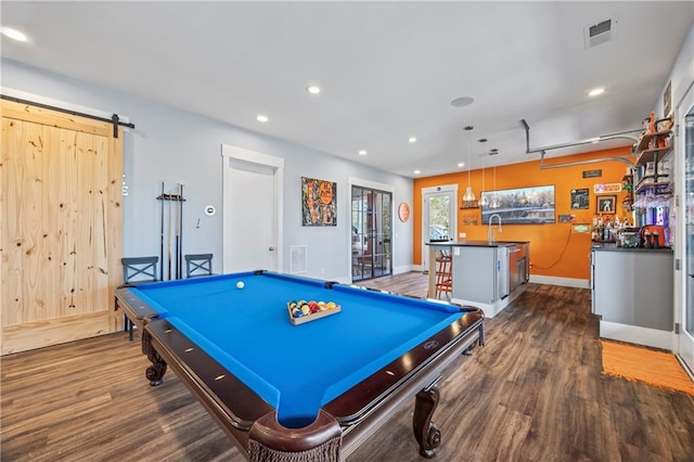 4115 Merritt Dr, Cumming, GA 30041 - rec room featuring a barn door, dark hardwood / wood-style floors, pool table, and sink