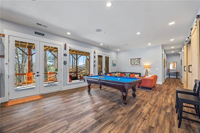 4115 Merritt Dr, Cumming, GA 30041 - playroom featuring dark wood-type flooring, billiards, french doors, and a barn door