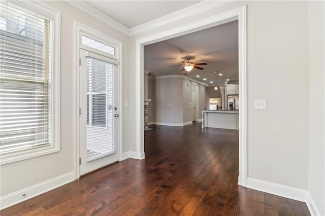 foyer with ceiling fan, ornamental molding, and dark hardwood / wood-style floors