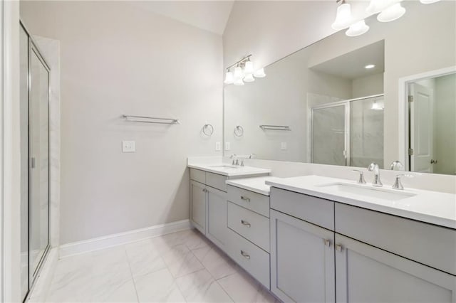 bathroom with vanity and walk in shower