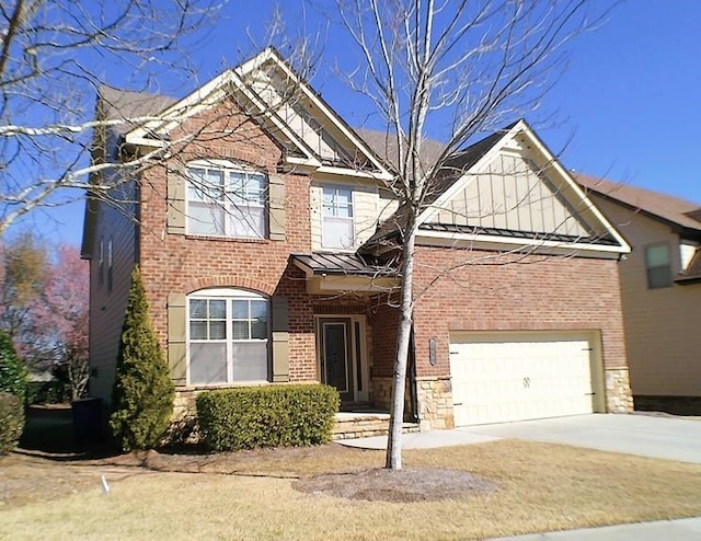 view of front of property featuring driveway, a garage, metal roof, a standing seam roof, and brick siding