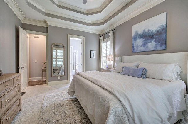 16 Cambridge Way, Cartersville, GA 30121 - bedroom with crown molding, light colored carpet, a raised ceiling, and connected bathroom