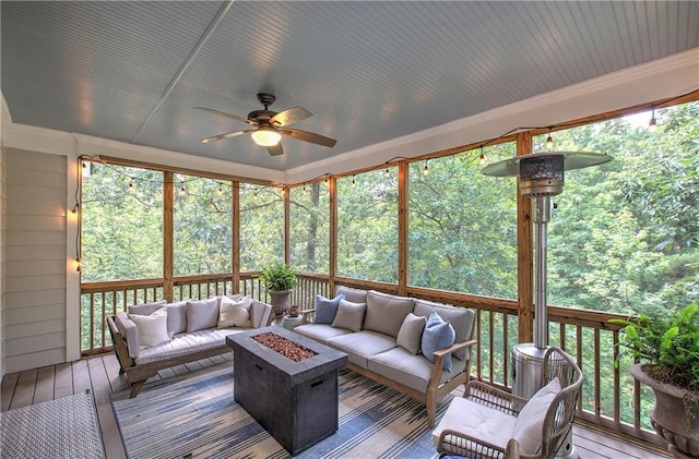 16 Cambridge Way, Cartersville, GA 30121 - sunroom / solarium with an outdoor living space with a fire pit, a ceiling fan, and healthy amount of natural light